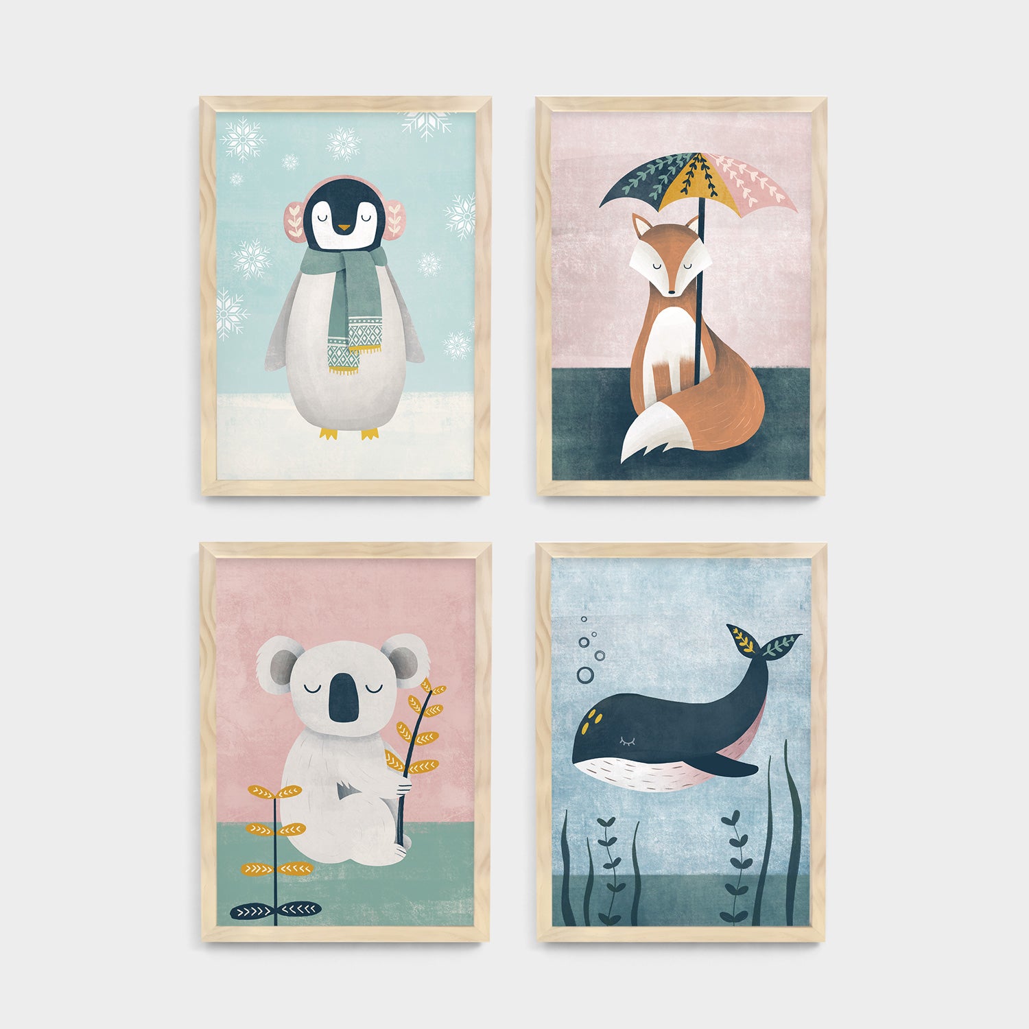 A set of four framed animal kids and nursery wall art prints on a white background - Bluish Nest Art Studio