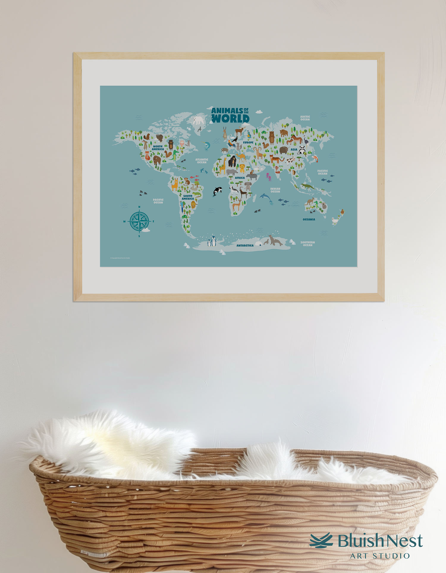 Framed animal world map nursery, chidlren and kids wall art print on a wall in nursery room as decor - Bluish Nest Art Studio