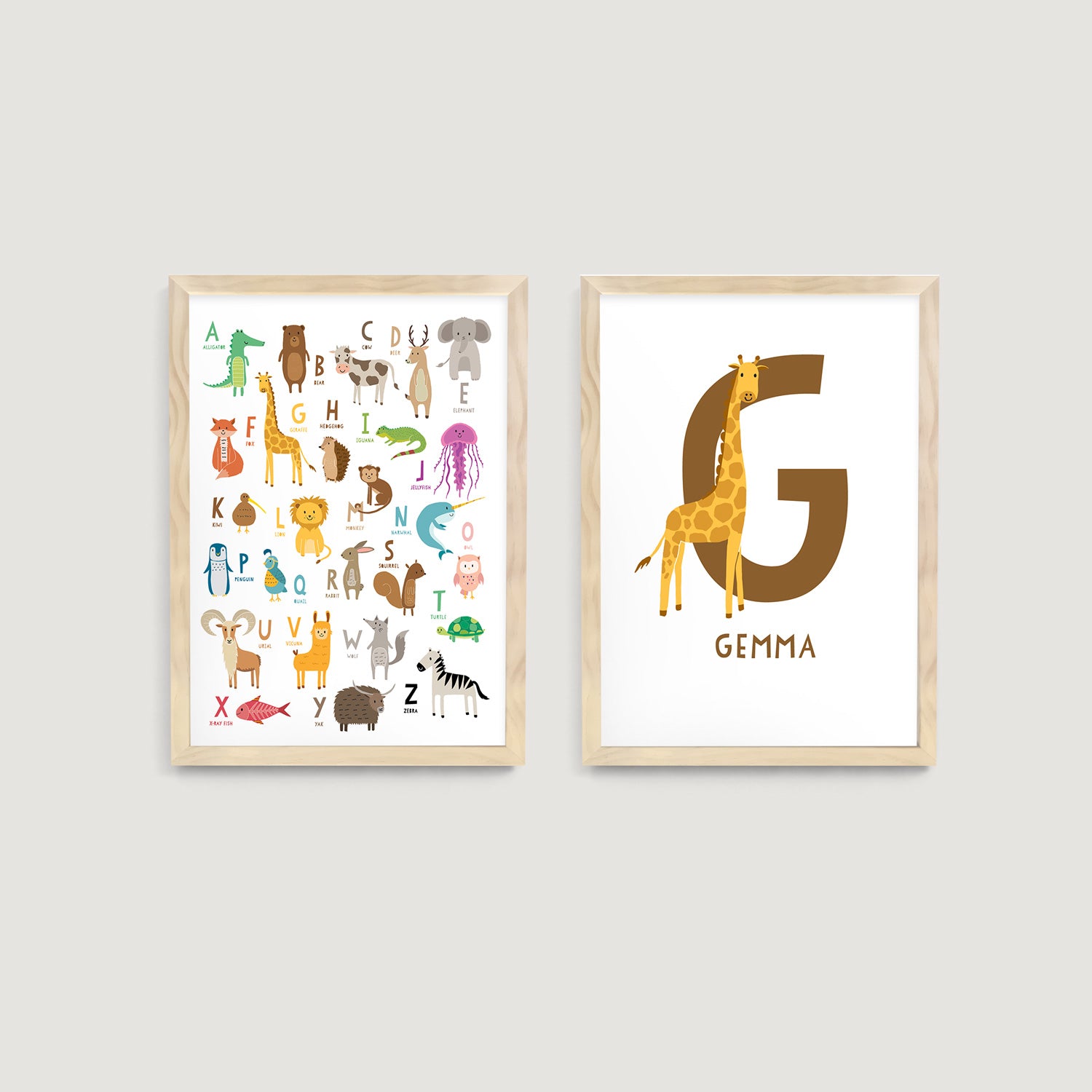 Personalised Name Letter and Alphabet Animals Nursery Prints 2 Set