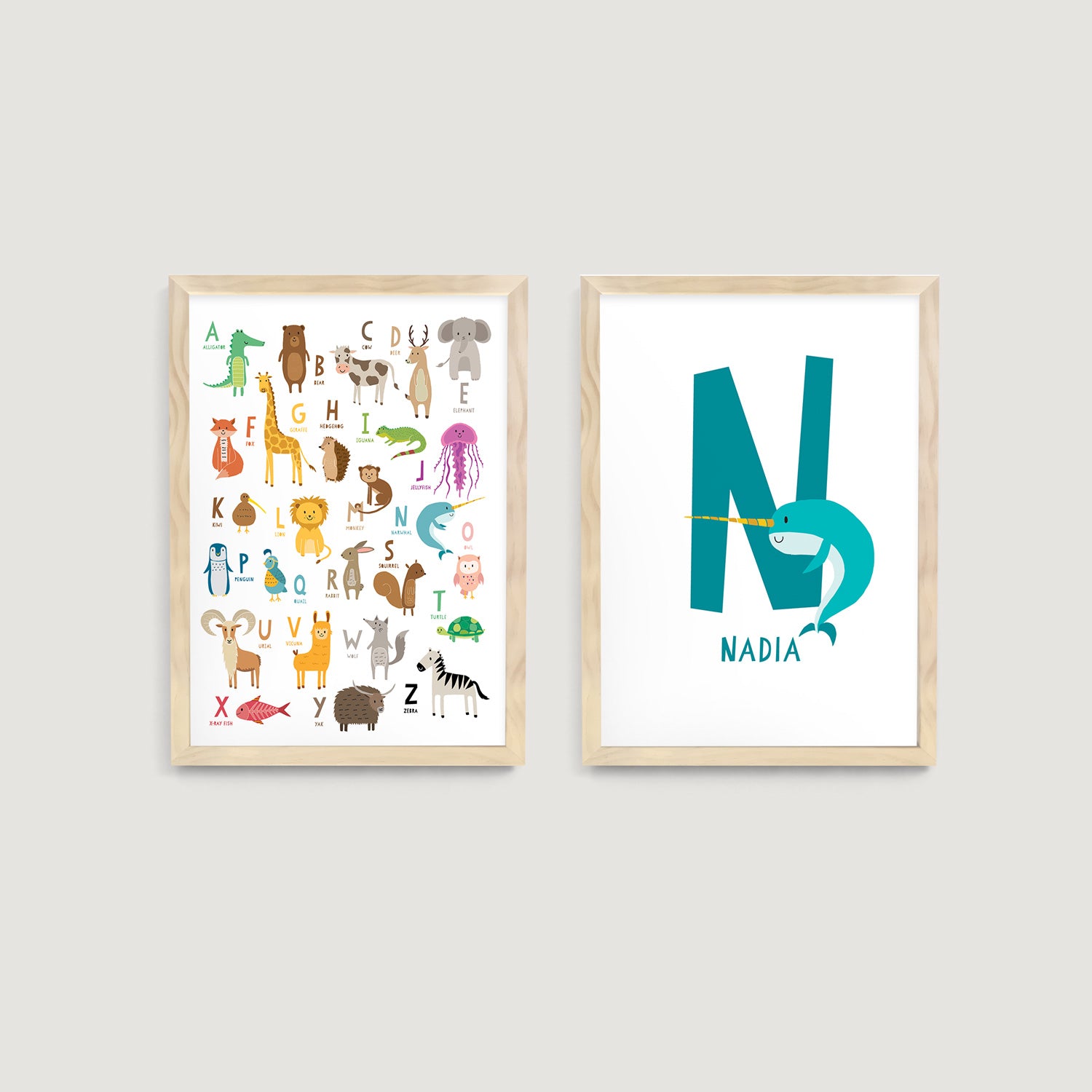 Personalised Name Letter and Alphabet Animals Nursery Prints 2 Set
