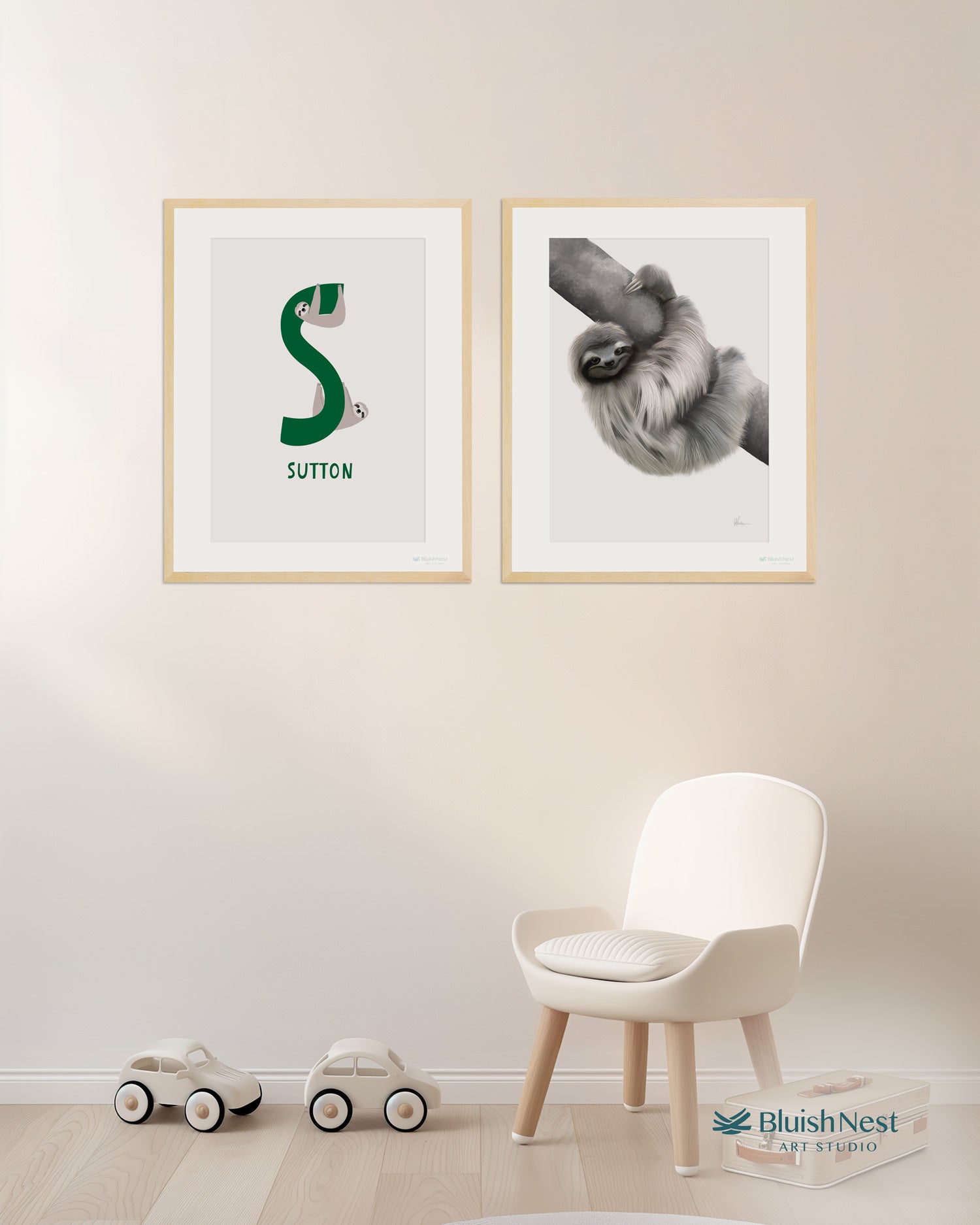 Personalised Name Letter and Sloth Nursery Prints 2 Set