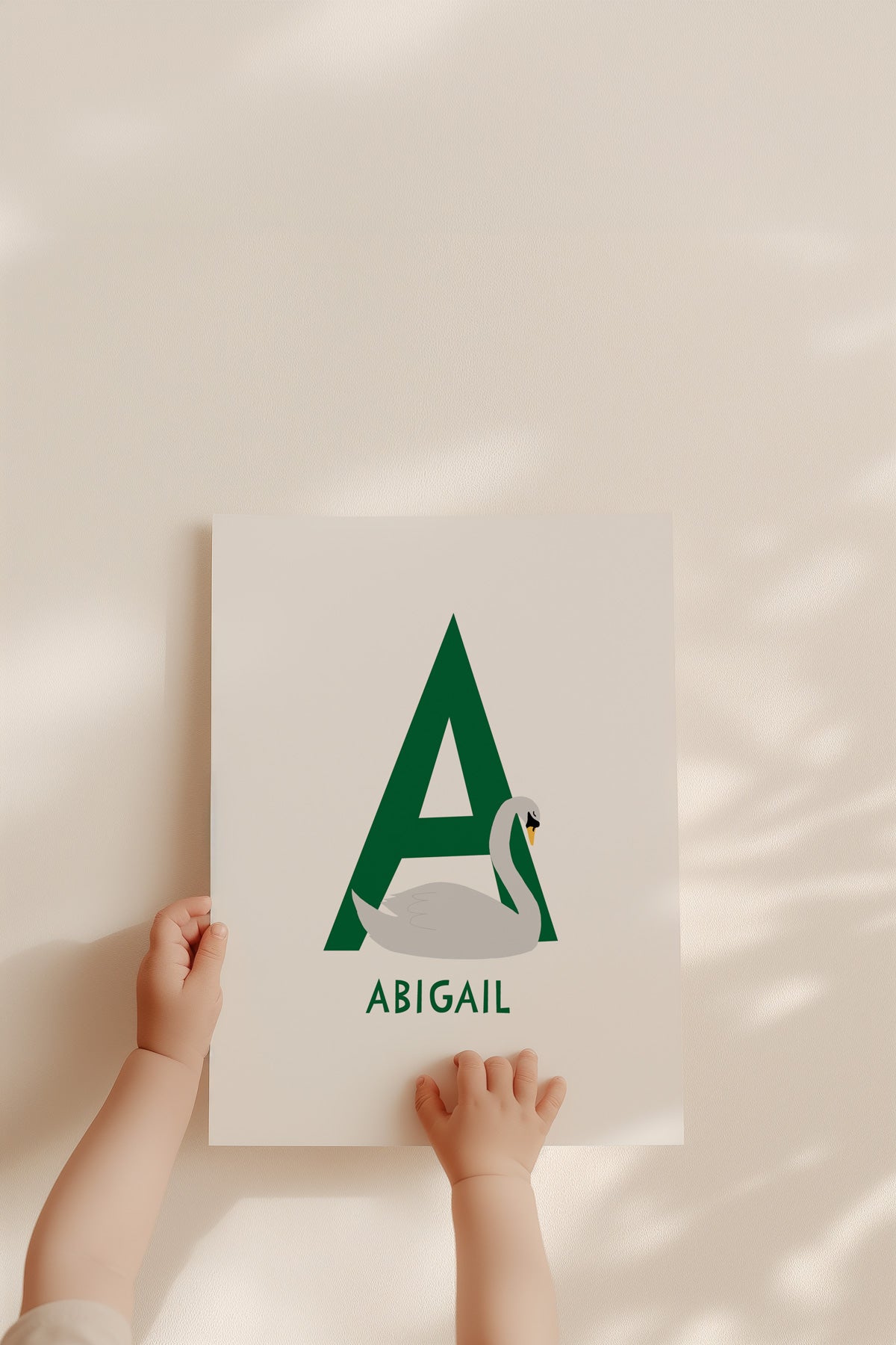 Personalised nursery art print with a green letter 'A', personalised name and a handdrawn swan - Bluish Nest Art Studio