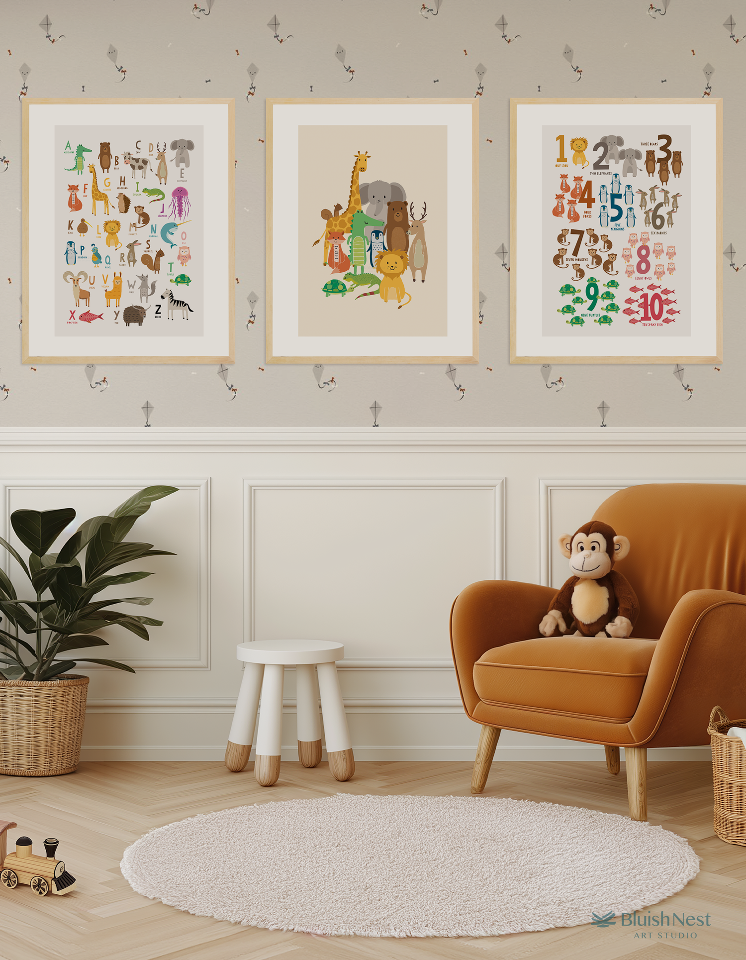 Alphabet Number and Animal Friends Nursery Prints 3 Set