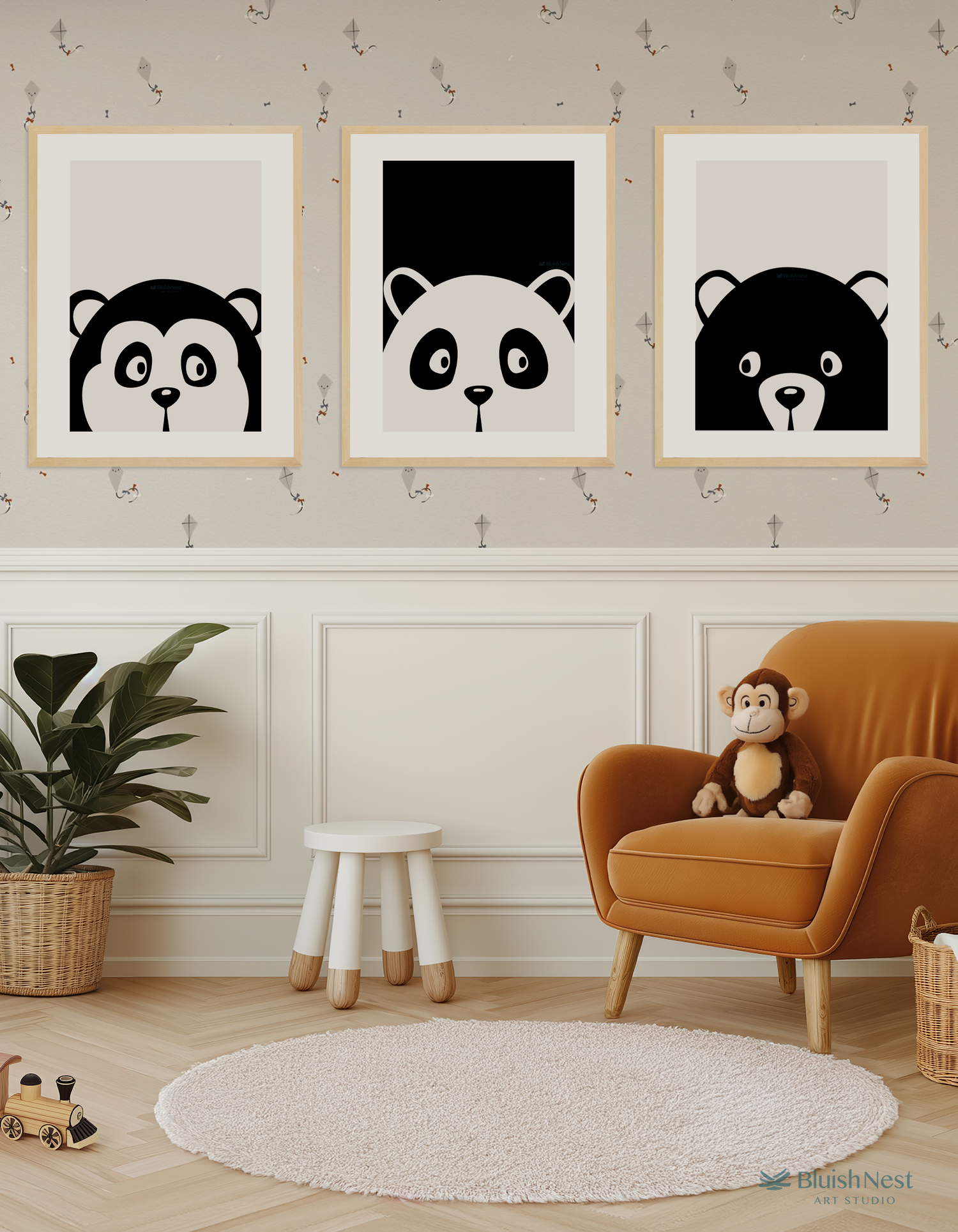 Peek-a-boo Bear, Monkey and Panda Nursery Prints 3 Set