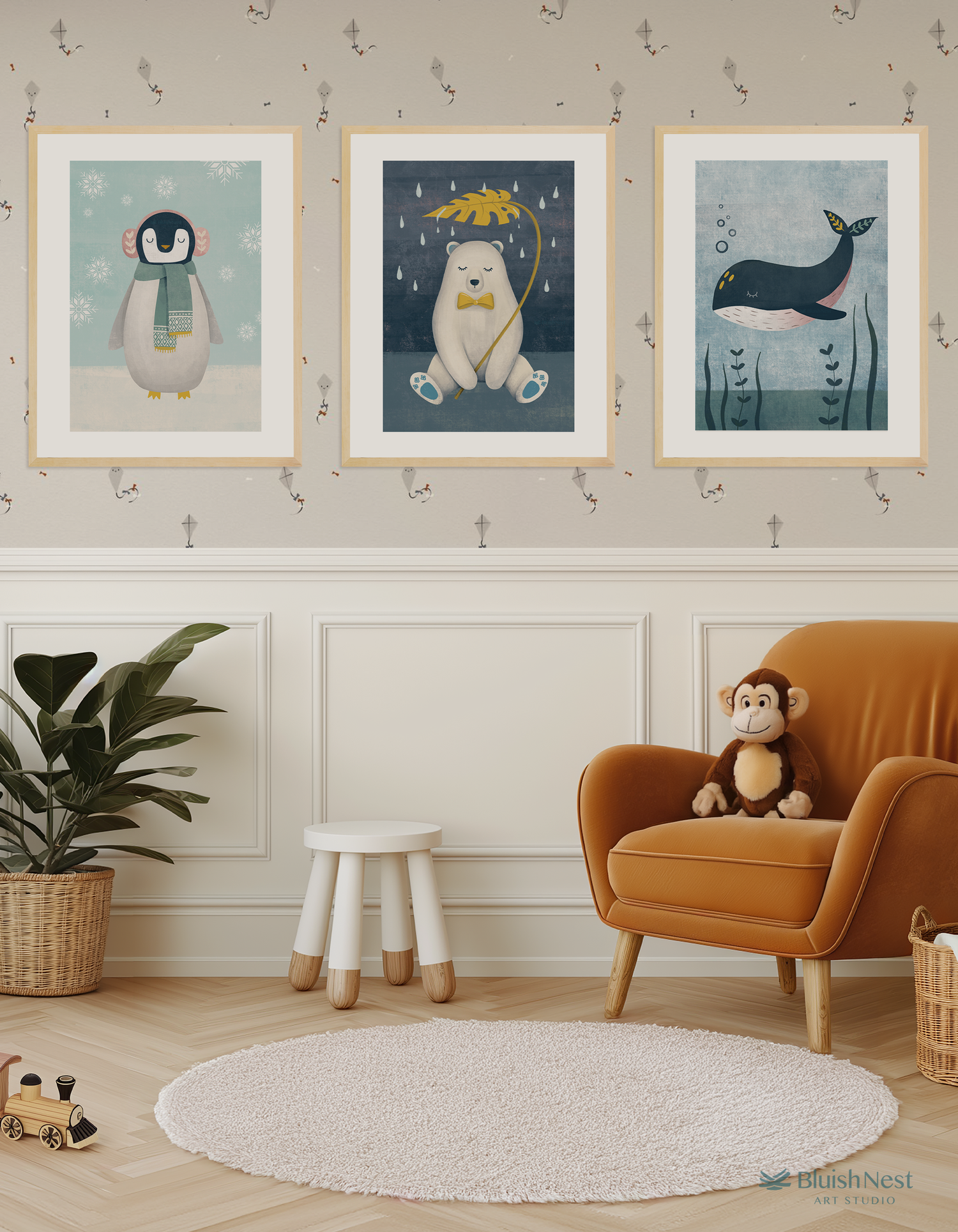 Whimsical Bear Penguin and Whale Blue Nursery Prints 3 Set