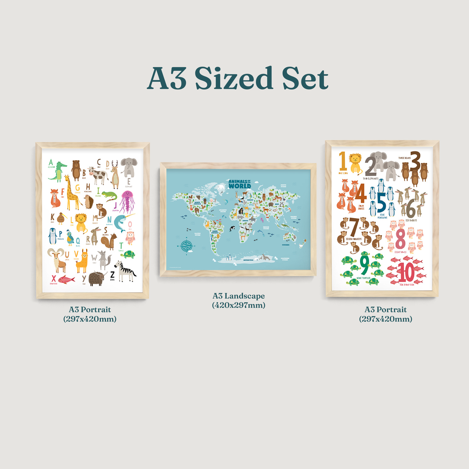Animals Alphabet Numbers and World Map Nursery Prints 3 Set A3 Sized