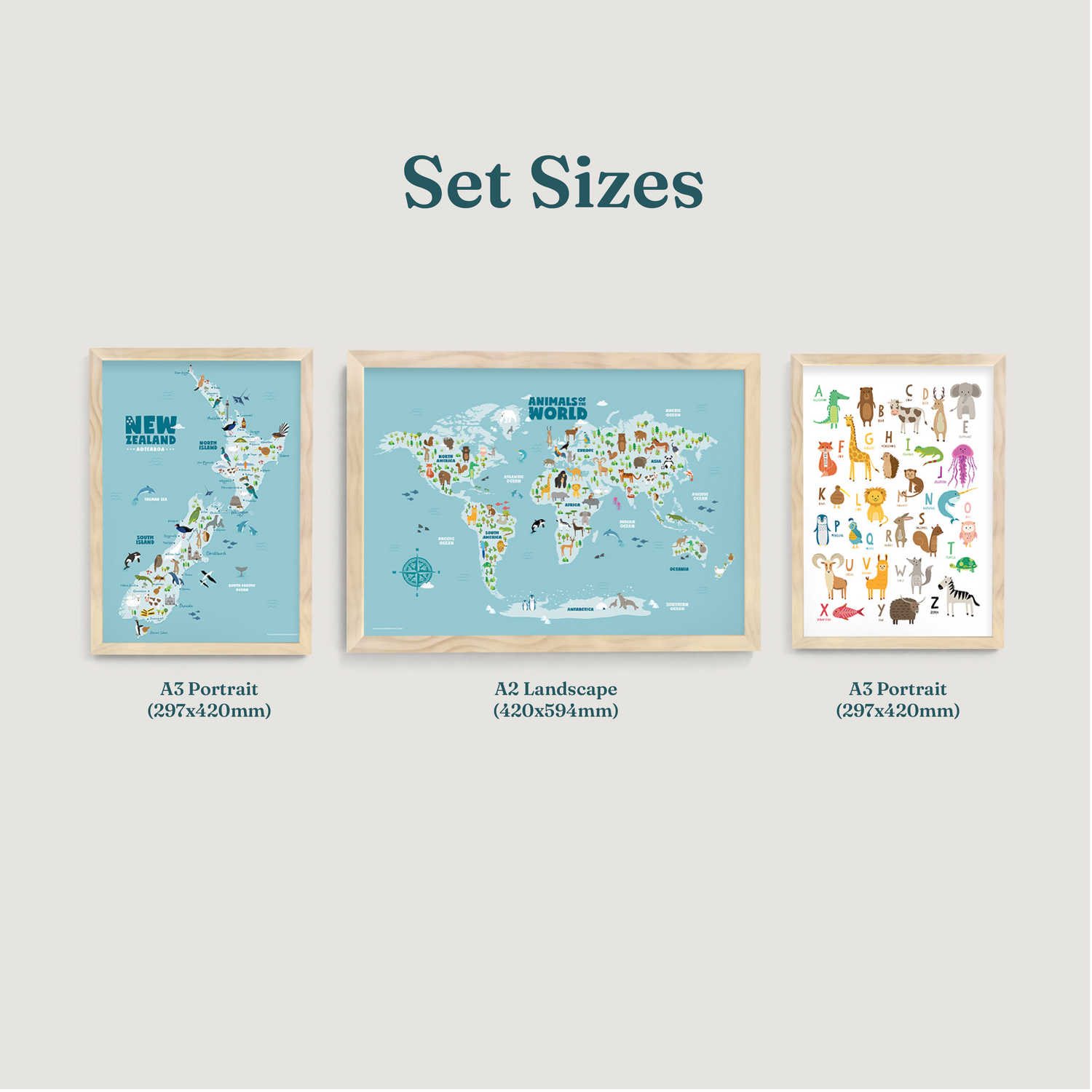 New Zealand World Maps and Alphabet Animals Nursery Educational Prints 3 Set