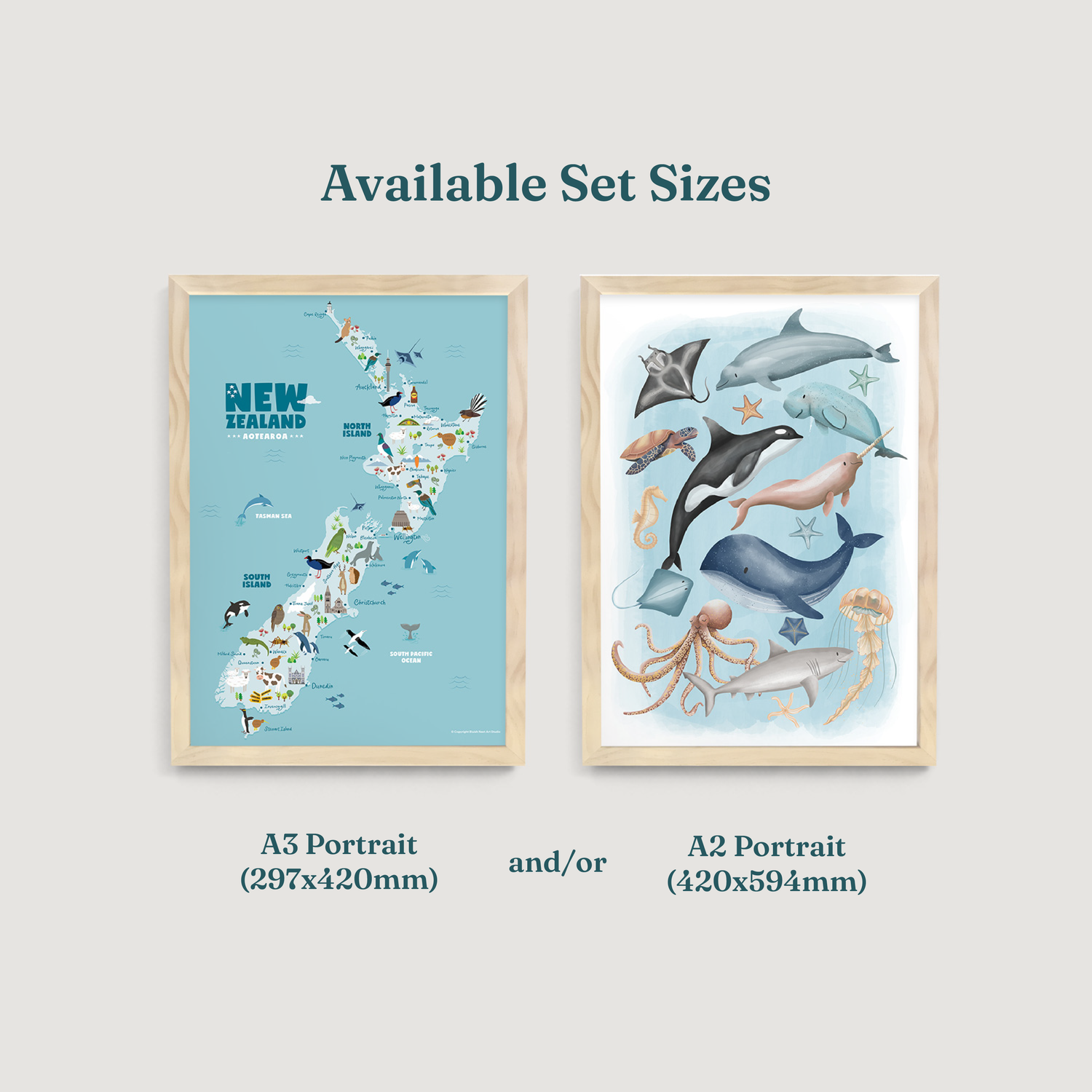 Sea Animals and New Zealand Animal Map Nursery Prints 2 Set
