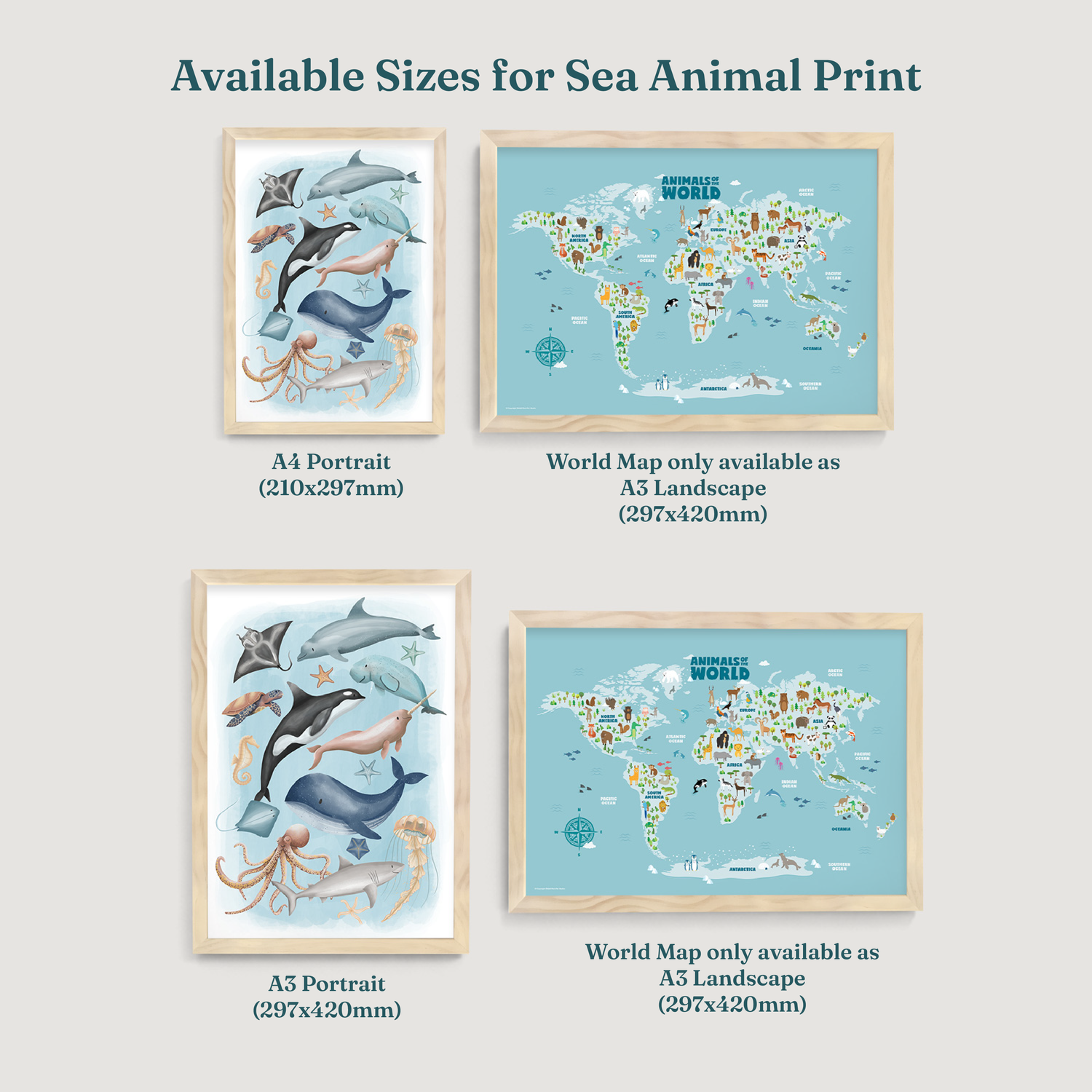 Sea Animals and Animal Map of the World Nursery Prints 2 Set