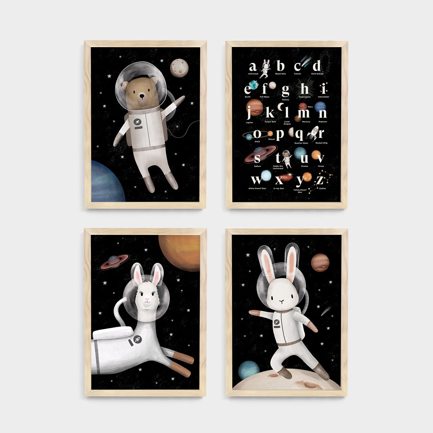Space Alphabet and Animals Nursery Prints 4 Set