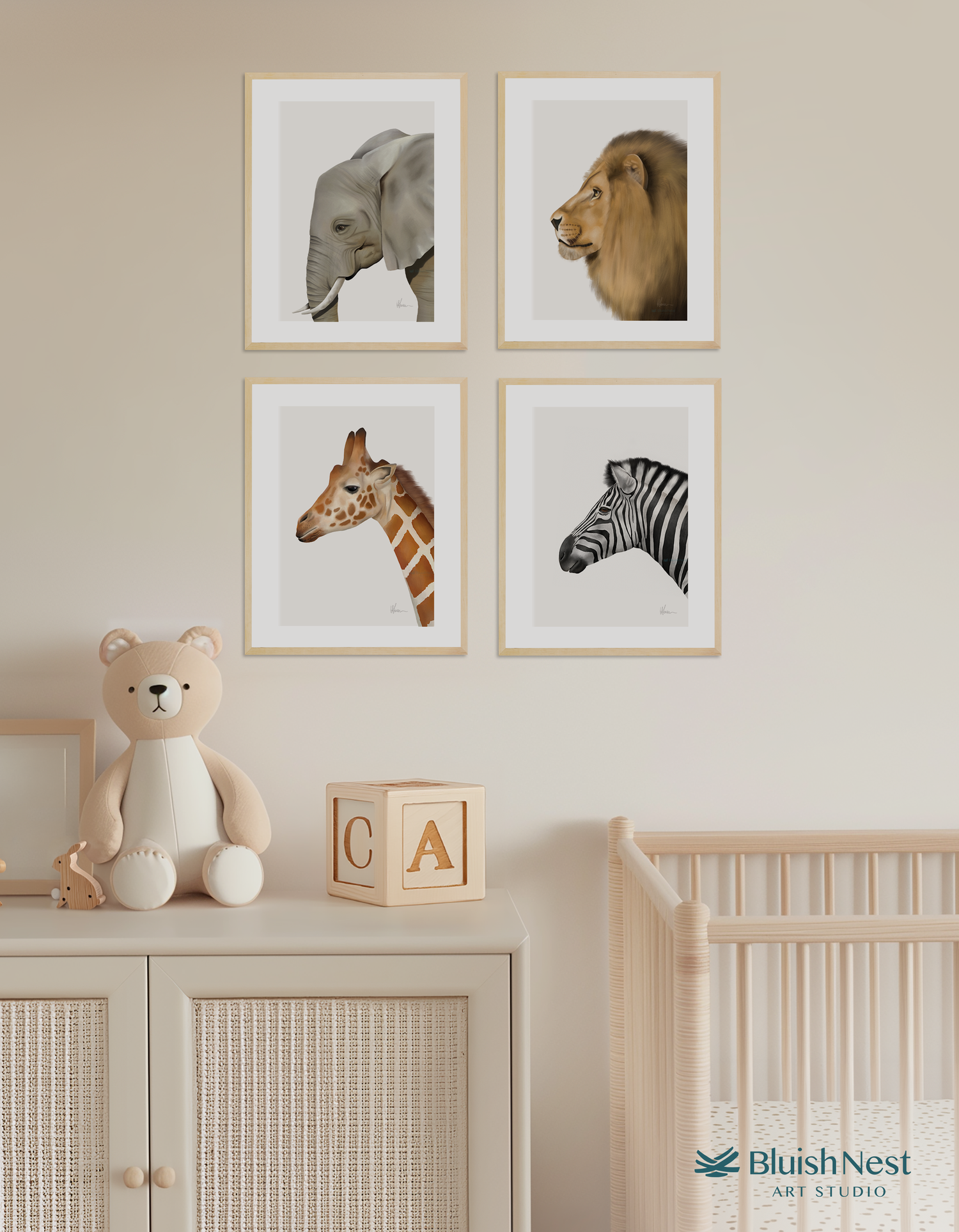 Safari Animals Elephant Giraffe Lion and Zebra Nursery Prints 4 Set