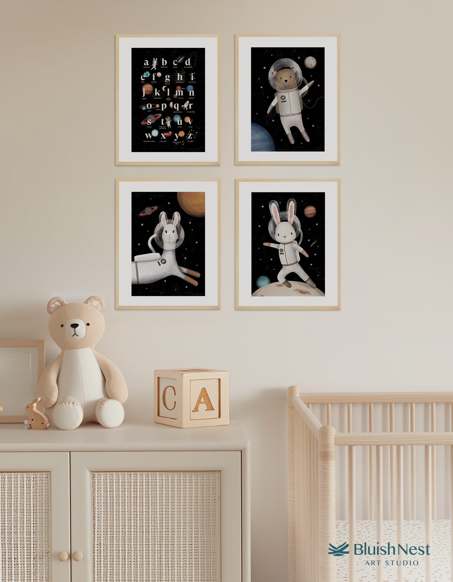 Space Alphabet and Animals Nursery Prints 4 Set