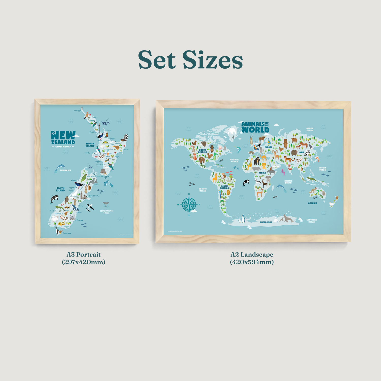 New Zealand and Animal of the World Map Nursery Prints 2 Set
