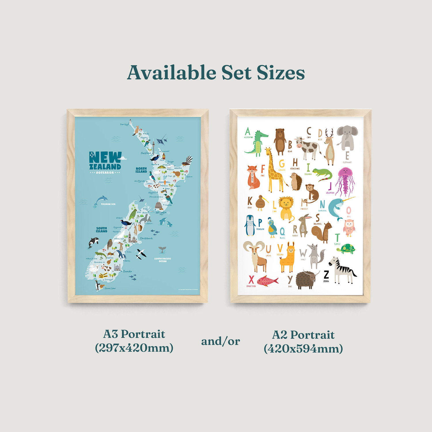 Alphabet Animals and New Zealand Animal Map Nursery Prints 2 Set