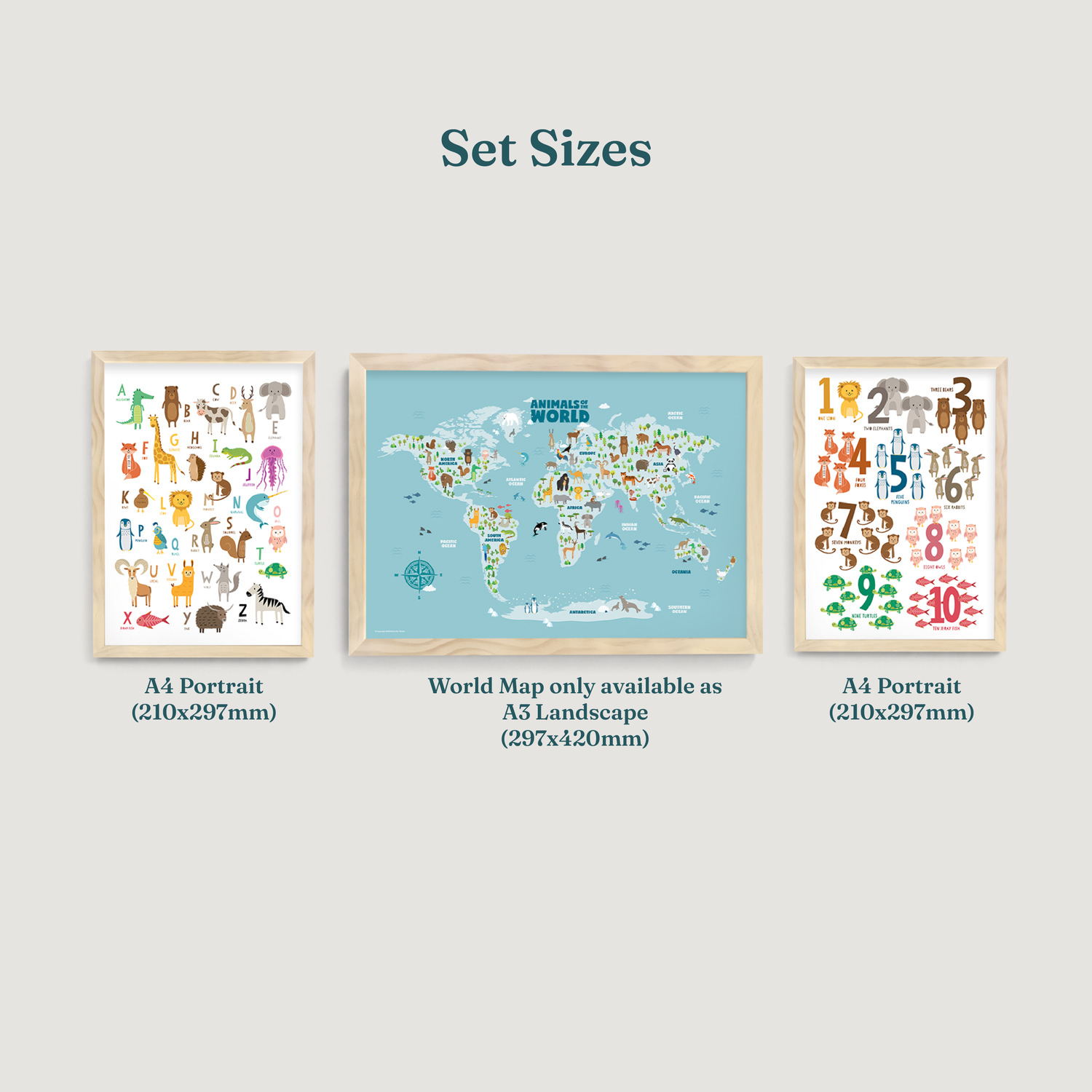 Alphabet Animals Numbers A4 and A3 Animal World Map Nursery Prints 3 Set